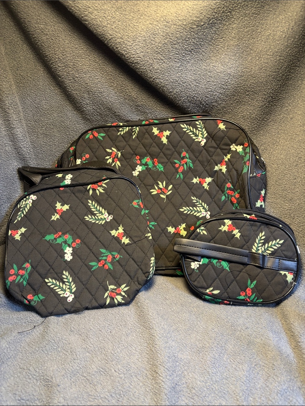 Three piece Black Quilted Cosmetic bag and pouched with Red & Green Berry Print